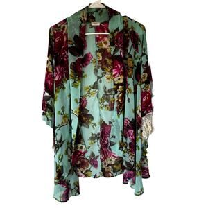 Tobi Cardigan One Size Sheer Teal Floral Print Fringe Hem Kimono Longsleeve